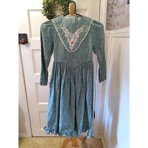 Vintage ILGWU Union Made RARE EDITIONS Girls Green Pheasant  Long Dress 8 Lace